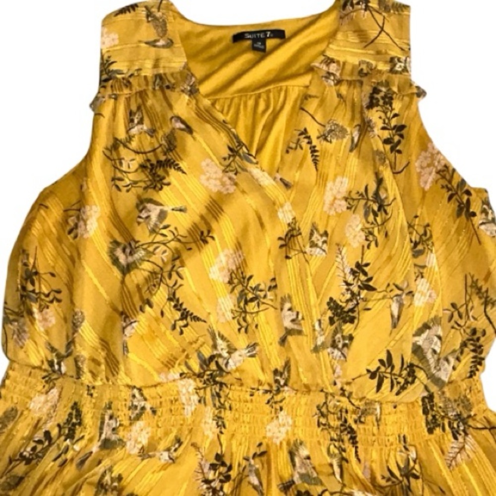 Plus Size Golden Yellow Floral Striped Bird V-Neck Midi Dress 1X EUC - Picture 2 of 7